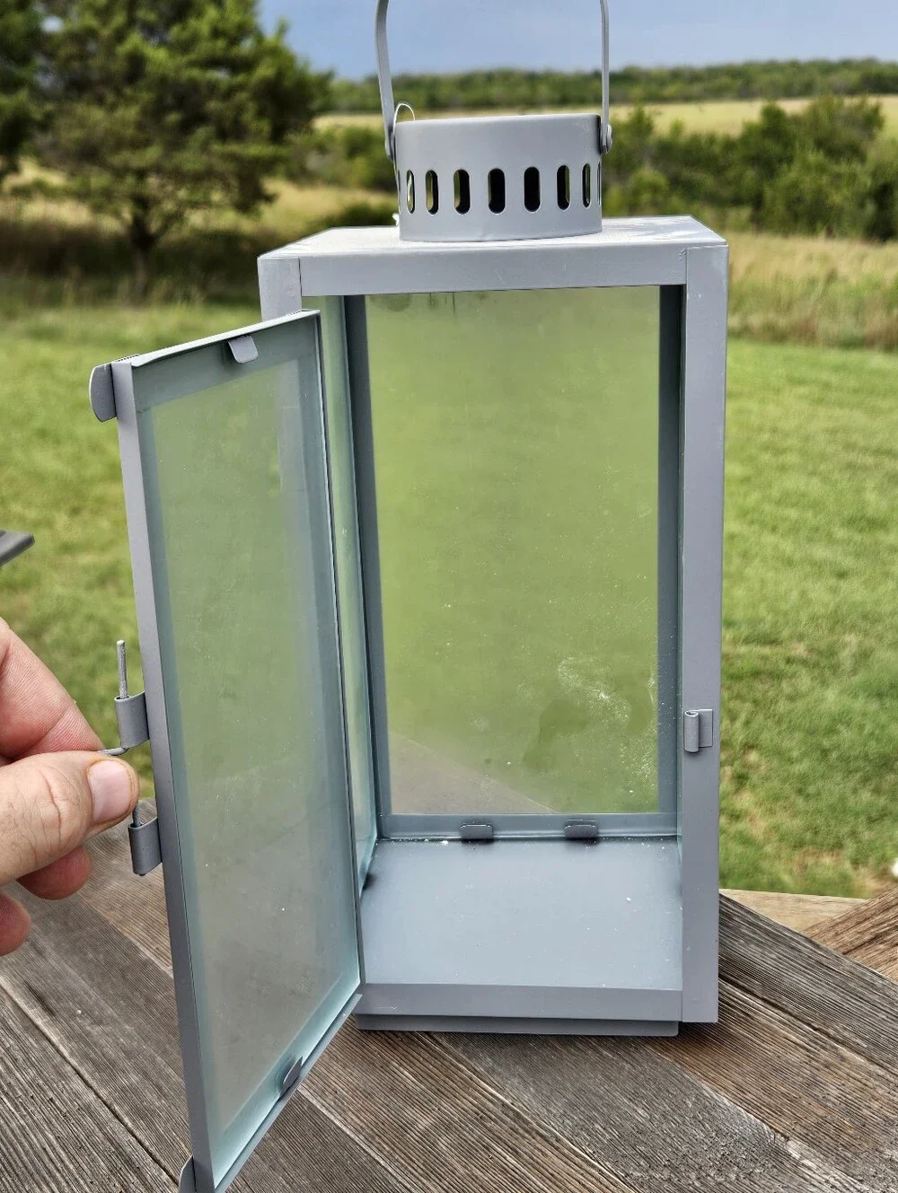 Gray Metal Candle Lantern Rustic Farmhouse Decor Glass Holder Fits 3x3 Pillar